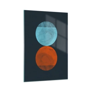 Glasbild - Bild auf glas - Minimalistisches Zweirad-Design in Blau und Orange - 70x100cm - Nur Geometrie? - Moderne Wanddekoration für Wohnzimmer und Schlafzimmer ARTTOR