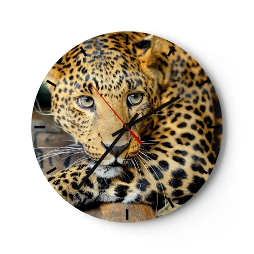 Wanduhr - Glasuhr - Porträt eines Leoparden mit intensivem Blick - 30x30cm - Keine Angst, komm mal her - Moderne Wanddekoration für Wohnzimmer, Küche und Schlafzimmer ARTTOR
