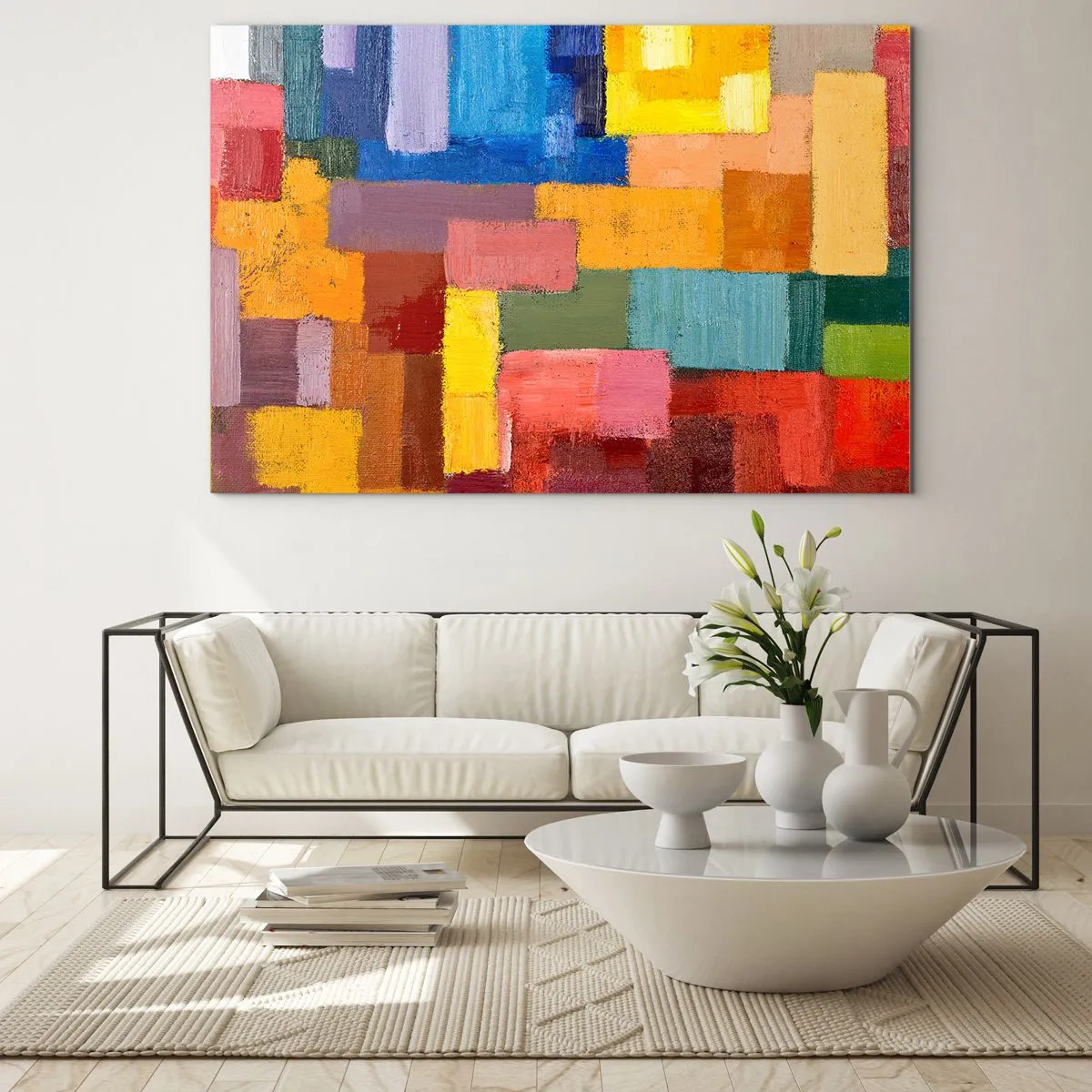 Glasbild - Bild auf glas - Abstrakte Komposition aus farbigen Rechtecken - 70x50cm - Jeder ist anders, alle bunt - Moderne Wanddekoration für Wohnzimmer und Schlafzimmer ARTTOR