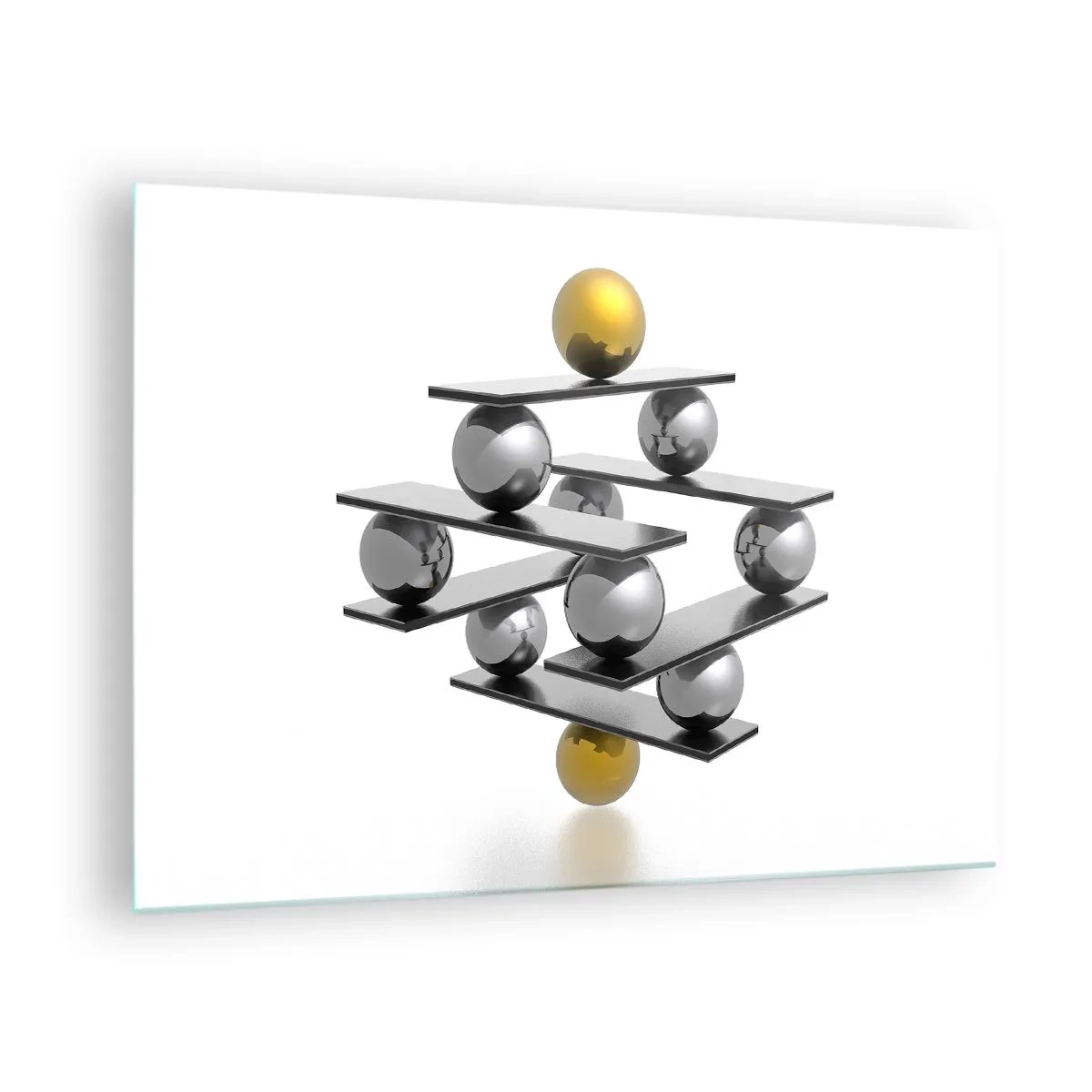 Glasbild - Bild auf glas - Geometrische Komposition mit Kugeln und Plattformen auf weißem Hintergrund - 70x50cm - Gold- und Silberbalance - Moderne Wanddekoration für Wohnzimmer und Schlafzimmer ARTTOR