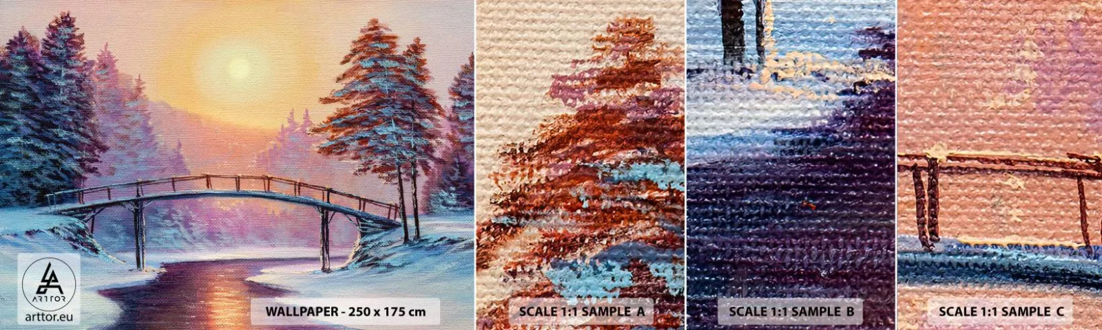 Fototapetenmuster Standard Eco - Vier Jahreszeiten - Winter - Landschaft, Fluss, Brücke - 100x30 cm