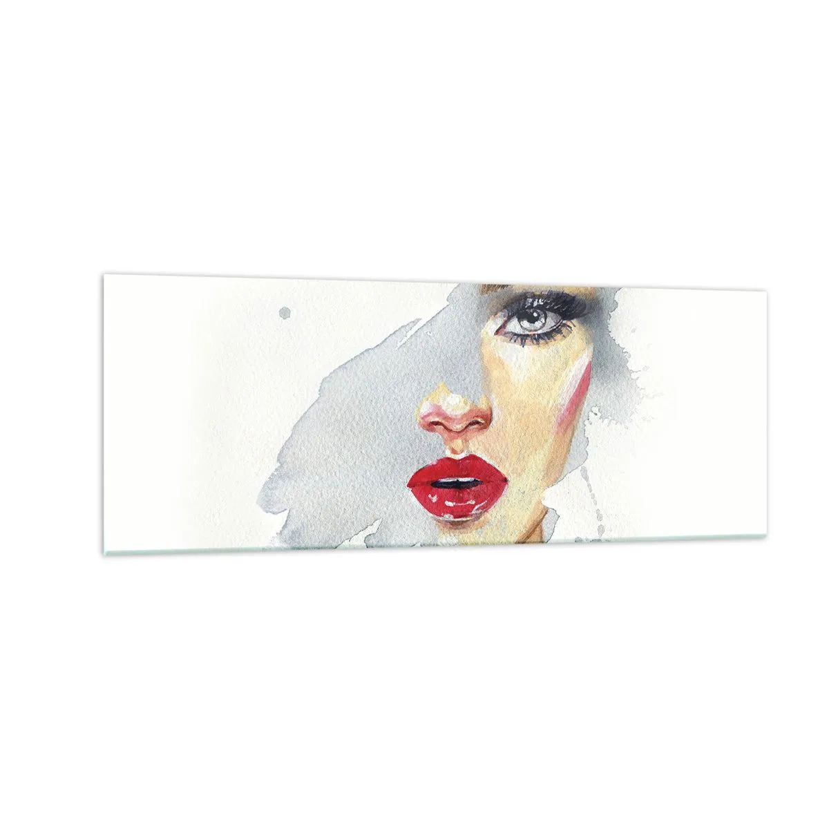 Glasbild - Bild auf glas - Ein Aquarellporträt einer Frau mit intensivem Blick. - 140x50cm - Abspiegeln in einem Wassertropfen - Moderne Wanddekoration für Wohnzimmer und Schlafzimmer ARTTOR