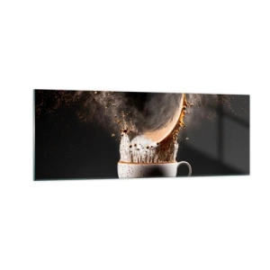 Glasbild - Bild auf glas - Eine Tasse Kaffee mit einer dynamischen Flüssigkeitsexplosion auf schwarzem Hintergrund. - 140x50cm - Geschmacksexplosion - Moderne Wanddekoration für Wohnzimmer und Schlafzimmer ARTTOR