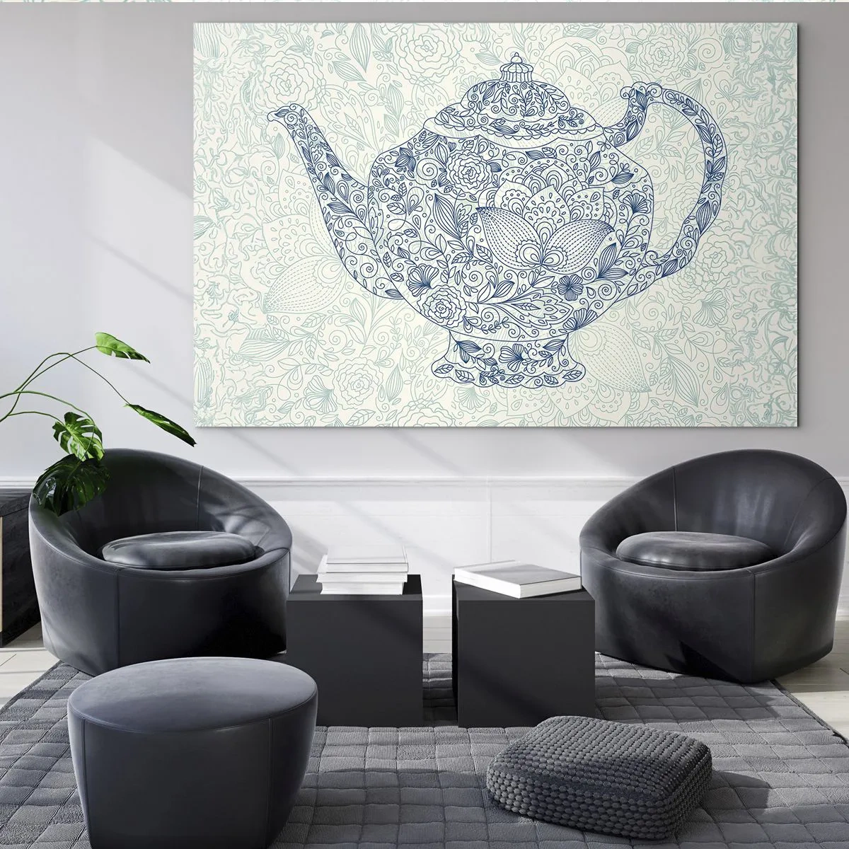 Glasbild - Bild auf glas - Teekanne im Vintage-Stil mit Blumenmuster - 70x50cm - Tee-Charm - Moderne Wanddekoration für Wohnzimmer und Schlafzimmer ARTTOR