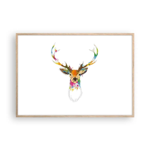 Poster in einem Rahmen aus heller Eiche - Ein mildes Reh in Farbe getaucht - 100x70 cm