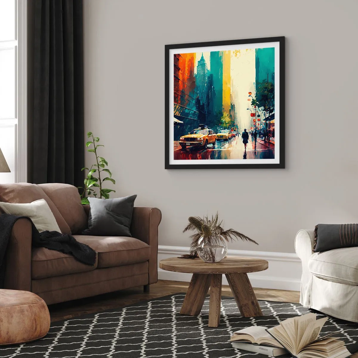 Poster in einem schwarzem Rahmen - New York – selbst der Regen ist hier bunt - 30x30 cm