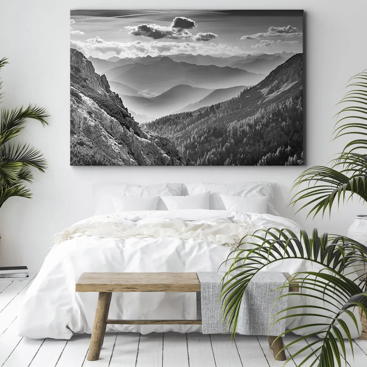 Bild auf Leinwand - Leinwandbild - Schwarz-weiße Berglandschaft mit Wolken über den Gipfeln - 100x70cm - Bis zum Horizont - Moderne Wanddekoration für Wohnzimmer und Schlafzimmer ARTTOR