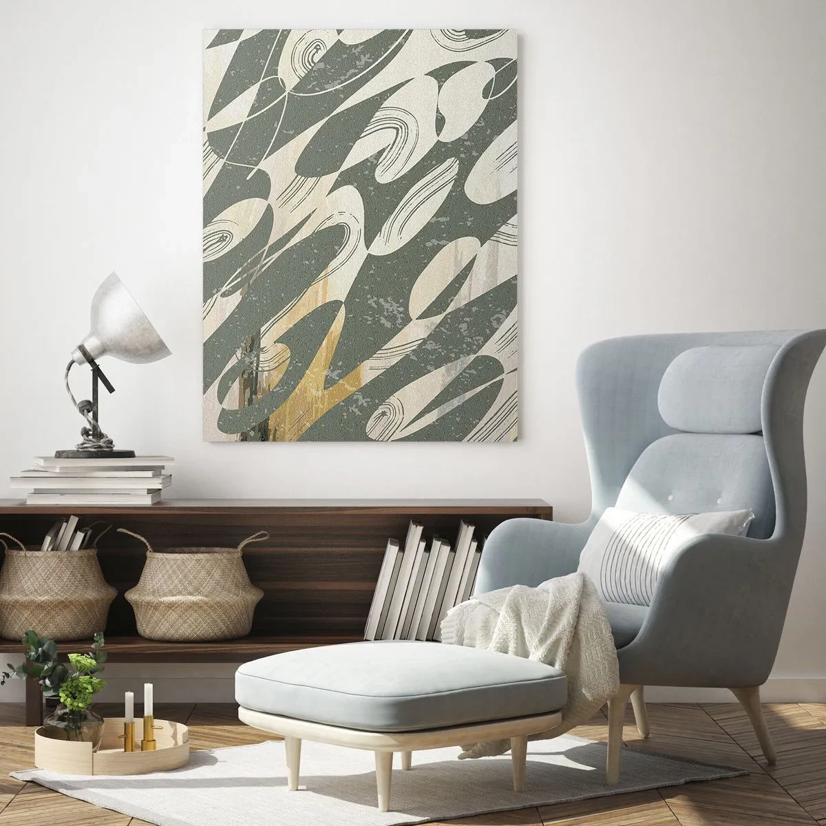 Glasbild - Bild auf glas - Dynamische Formen in Grün- und Goldtönen - 70x100cm - Rhythmische Abstraktion - Moderne Wanddekoration für Wohnzimmer und Schlafzimmer ARTTOR