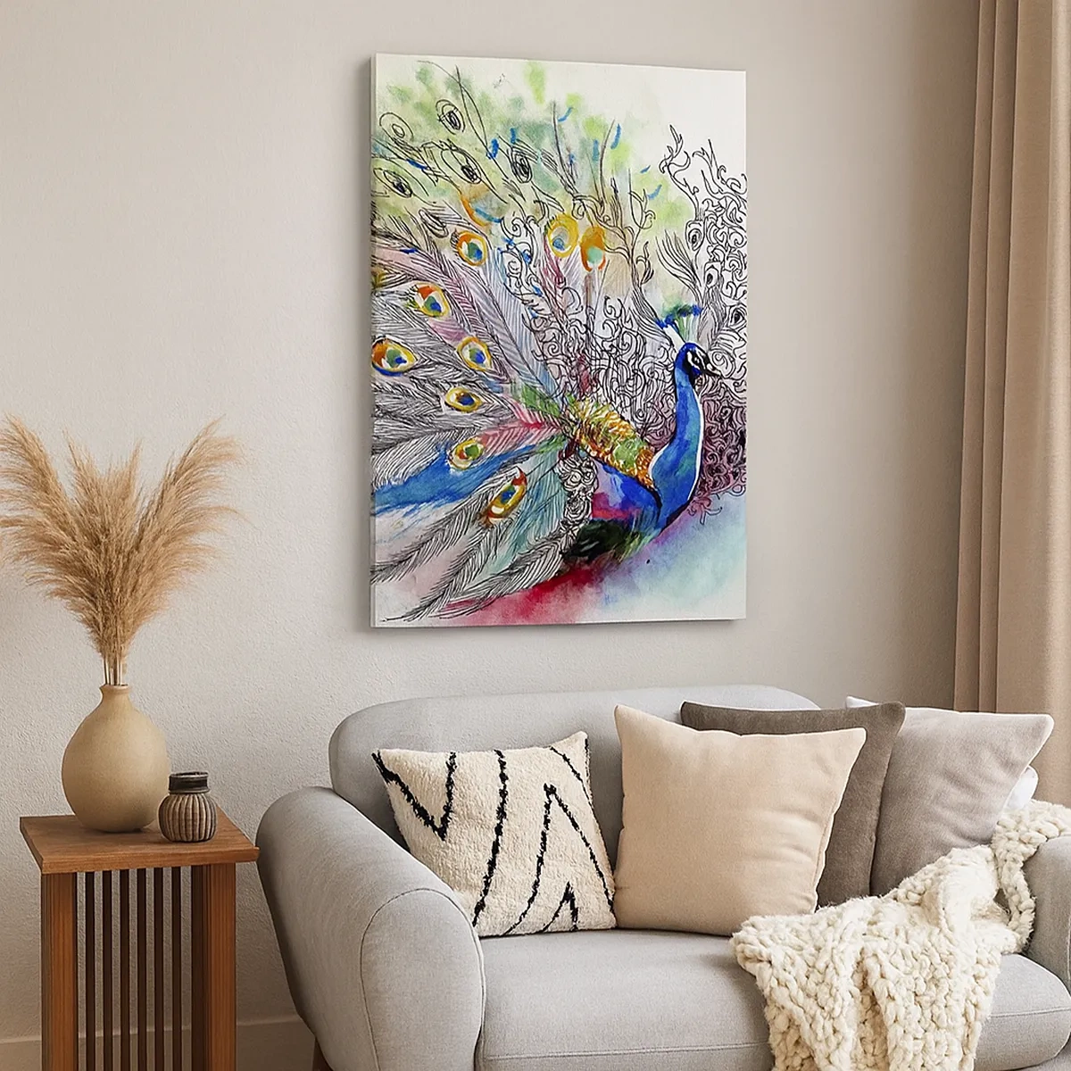 Bild auf Leinwand - Leinwandbild - Ein Pfau im farbenfrohen Aquarellstil mit abstrakten Federn - 50x70cm - Mit Stolz gegen Grau - Moderne Wanddekoration für Wohnzimmer und Schlafzimmer ARTTOR