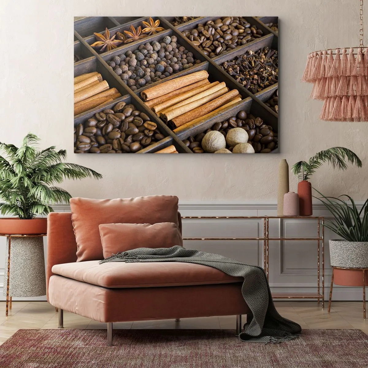 Bild auf Leinwand - Leinwandbild - Gewürze und Kaffee in Holzfächern - 120x80cm - Eine Fundgrube an Aromen - Moderne Wanddekoration für Wohnzimmer und Schlafzimmer ARTTOR