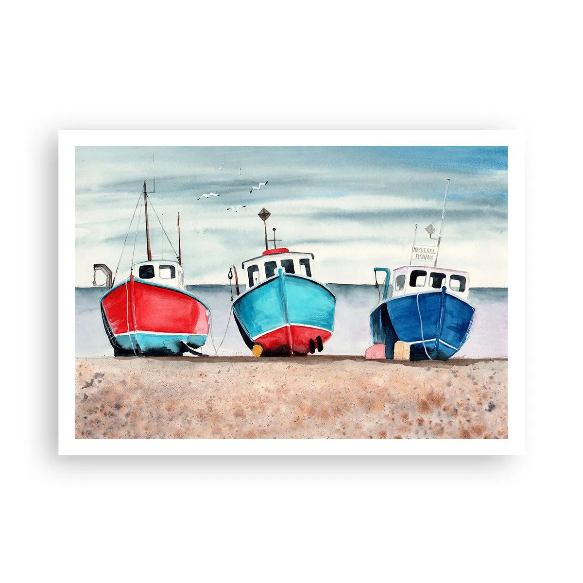 Poster - Bunte Fischerboote am Ufer in einer Meereslandschaft - 100x70cm - Bereit zum Fang - Moderne Wanddekoration für Wohnzimmer und Schlafzimmer ARTTOR