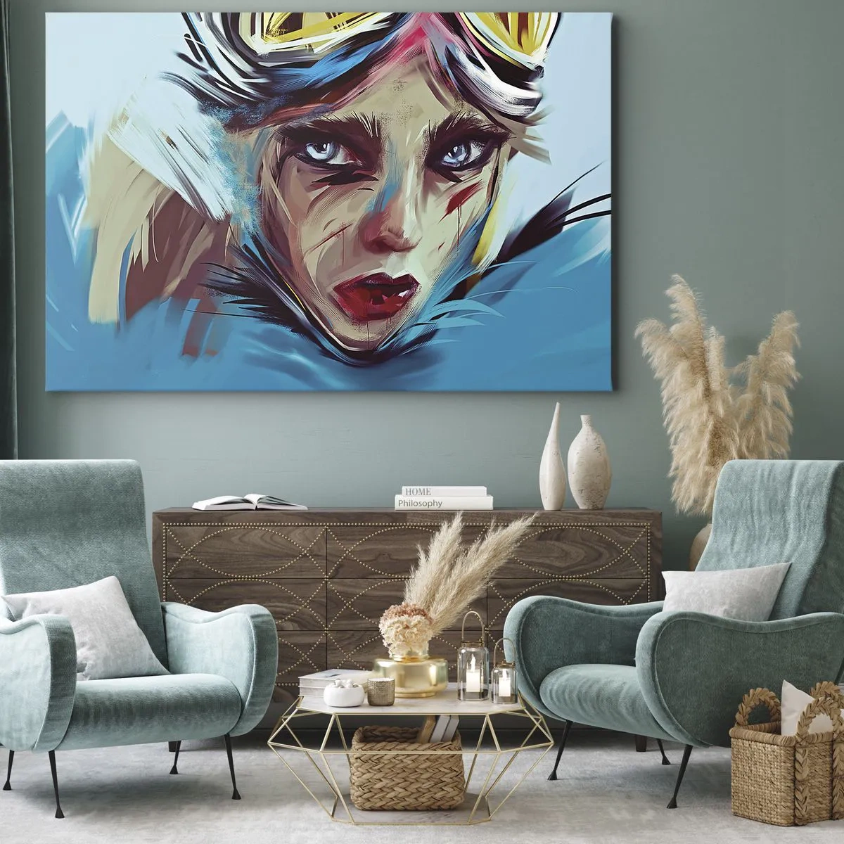 Bild auf Leinwand - Leinwandbild - Porträt einer Frau in dynamischen Farben und einem abstrakten Stil - 120x80cm - Strassenkämpferin - Moderne Wanddekoration für Wohnzimmer und Schlafzimmer ARTTOR