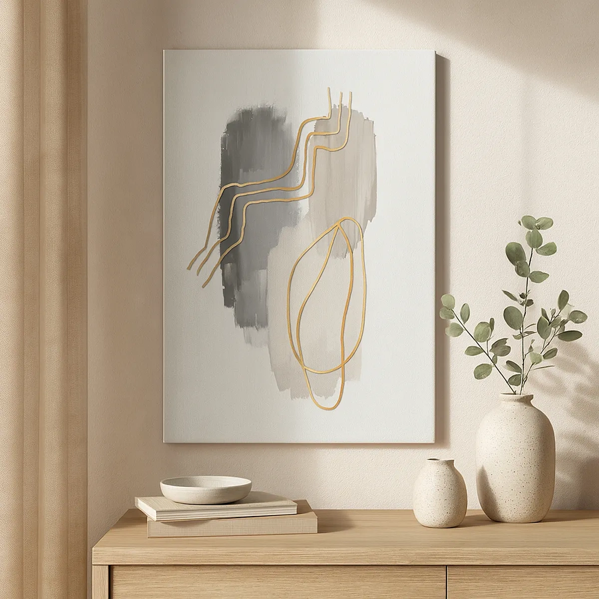 Bild auf Leinwand - Leinwandbild - Abstrakte goldene Linien auf grauem Hintergrund - 50x70cm - Dauer und Bewegung - Moderne Wanddekoration für Wohnzimmer und Schlafzimmer ARTTOR