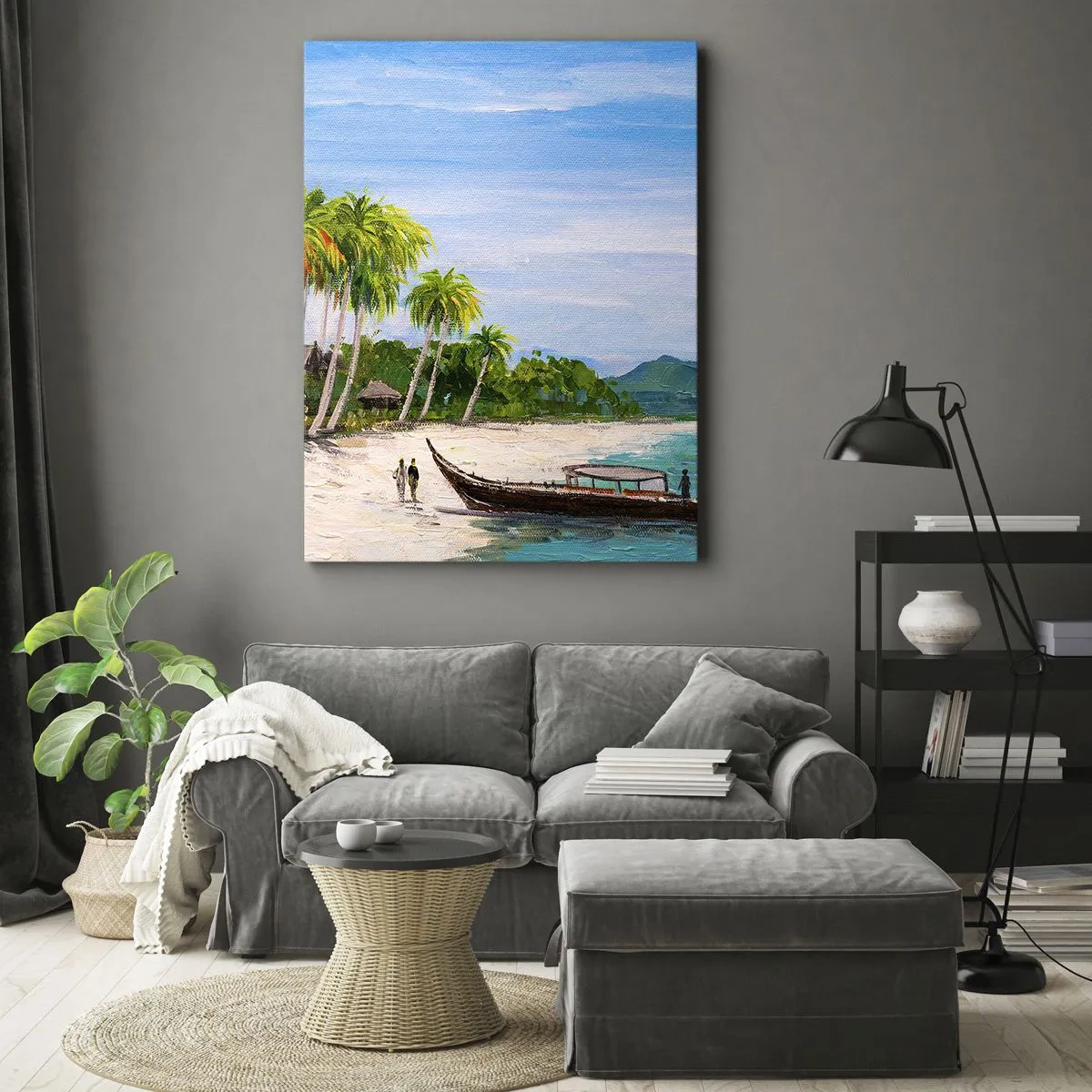 Bild auf Leinwand - Leinwandbild - Ein exotischer Strand mit Palmen und einem Boot am Ufer - 70x100cm - Exotischer Traum - Moderne Wanddekoration für Wohnzimmer und Schlafzimmer ARTTOR