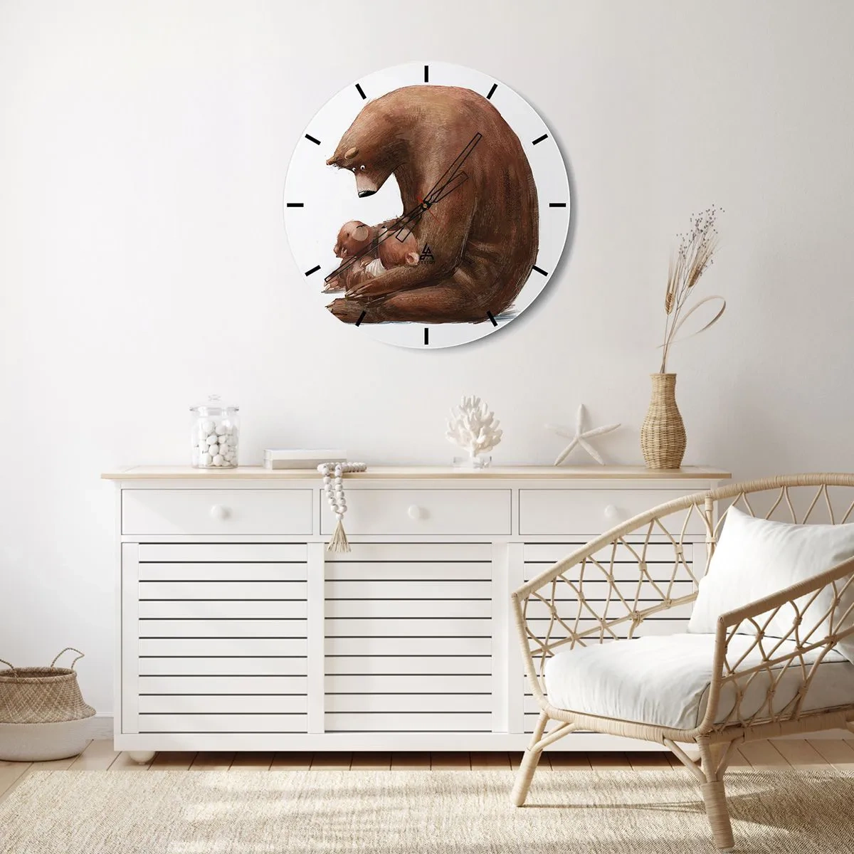Wanduhr - Glasuhr - Ein Teddybär umarmt zwei kleine Bären auf weißem Hintergrund - 30x30cm - Süße Träume, Kinder - Moderne Wanddekoration für Wohnzimmer, Küche und Schlafzimmer ARTTOR
