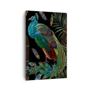 Bild auf Leinwand - Leinwandbild - Pfauen neben einem goldenen Käfig auf schwarzem Hintergrund - 80x120cm - In königlichen Gewändern - Moderne Wanddekoration für Wohnzimmer und Schlafzimmer ARTTOR