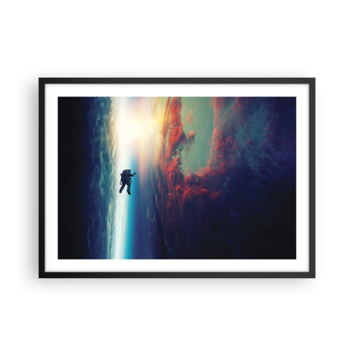 Poster in einem schwarzem Rahmen - Ein Astronaut schwebt im Weltraum über einer bunten Erde - 70x50cm - Sich dem Universum stellen - Moderne Wanddekoration für Wohnzimmer und Schlafzimmer ARTTOR