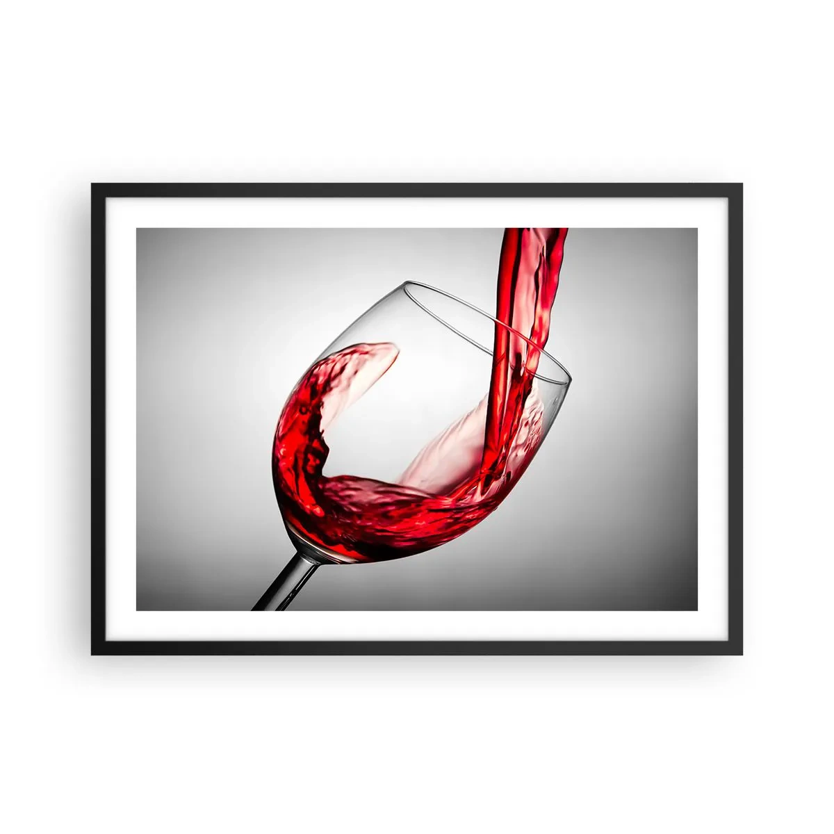 Poster in einem schwarzem Rahmen - Ein Glas Rotwein wird vor hellem Hintergrund eingeschenkt - 70x50cm - Farbe – Bewegung – Klang - Moderne Wanddekoration für Wohnzimmer und Schlafzimmer ARTTOR