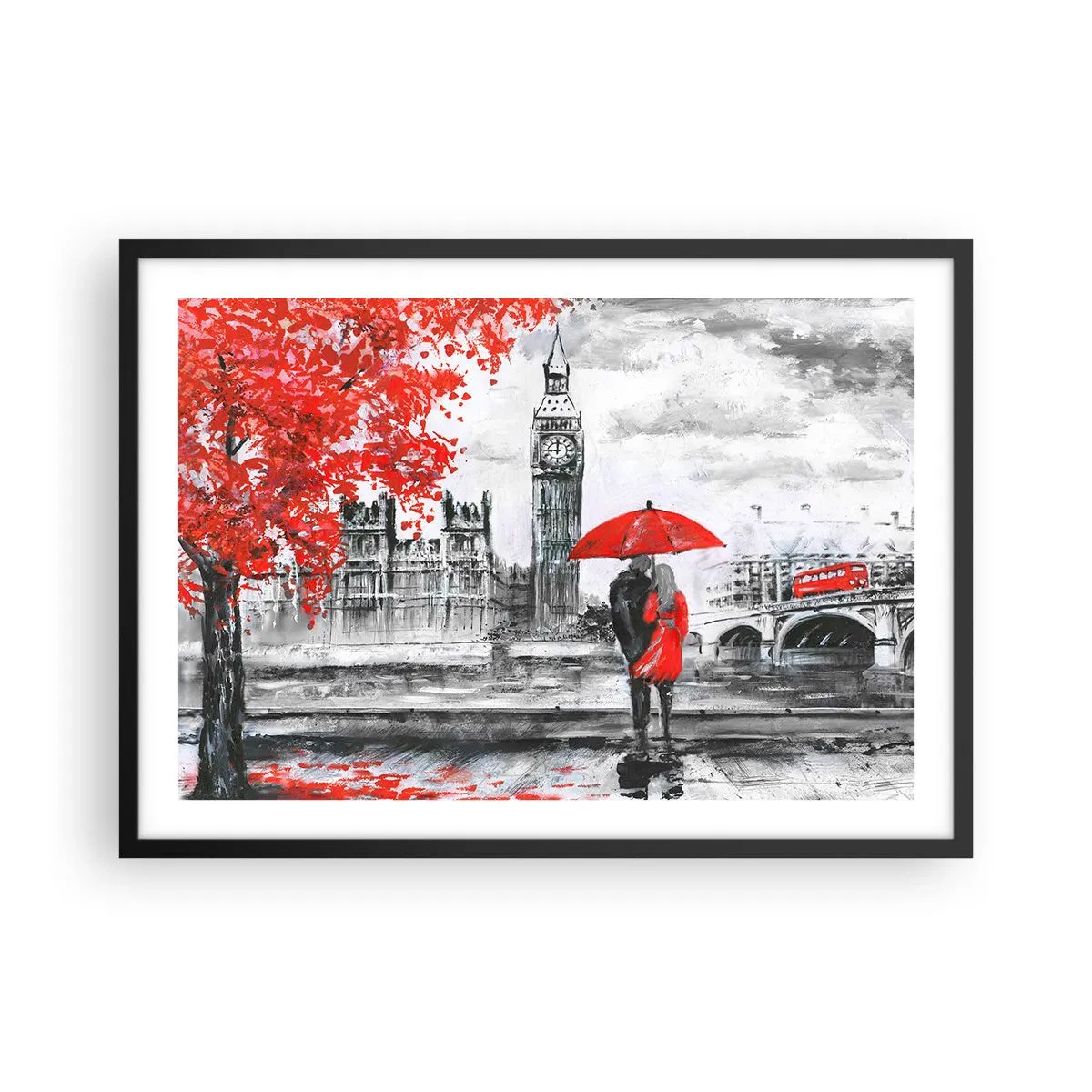 Poster in einem schwarzem Rahmen - Romantische Szene mit Big Ben und einem roten Regenschirm - 70x50cm - Verliebt in London - Moderne Wanddekoration für Wohnzimmer und Schlafzimmer ARTTOR