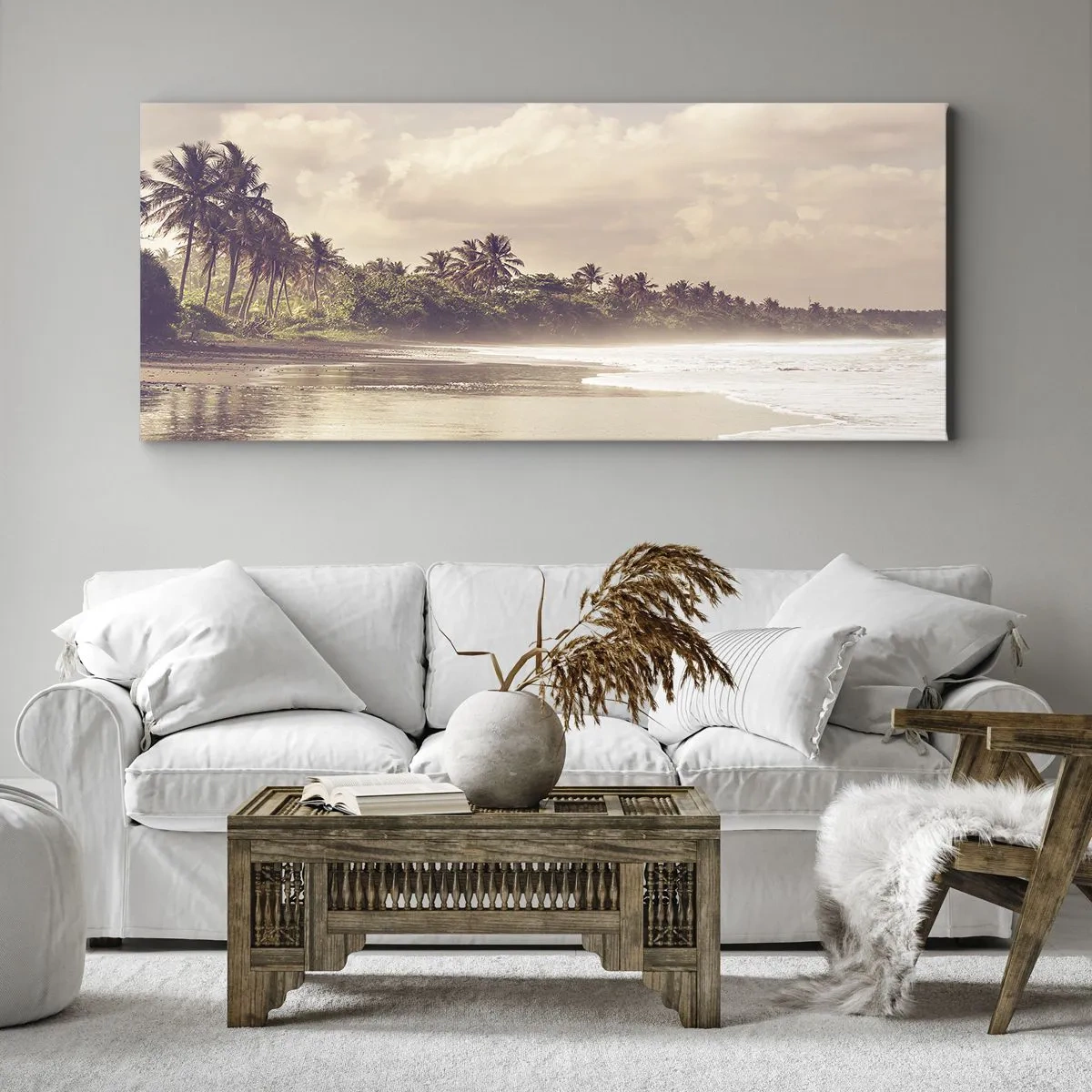 Bild auf Leinwand - Leinwandbild - Ein Strand mit Palmen und sanften Wellen am Morgen - 120x50cm - Die Liebkosung der Wellen - Moderne Wanddekoration für Wohnzimmer und Schlafzimmer ARTTOR