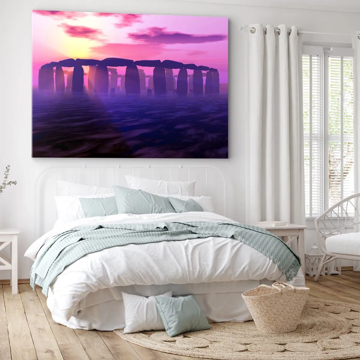 Bild auf Leinwand - Leinwandbild - Steinkreis bei Sonnenuntergang mit violettem Himmel - 70x50cm - Geheimnis im Morgengrauen im Nebel - Moderne Wanddekoration für Wohnzimmer und Schlafzimmer ARTTOR