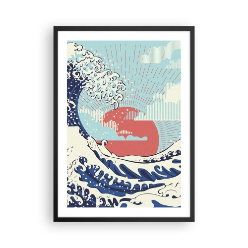 Poster in einem schwarzem Rahmen - Japanisch inspirierte grafische Welle mit einer roten Sonne - 50x70cm - Von japanischer Inspiration - Moderne Wanddekoration für Wohnzimmer und Schlafzimmer ARTTOR
