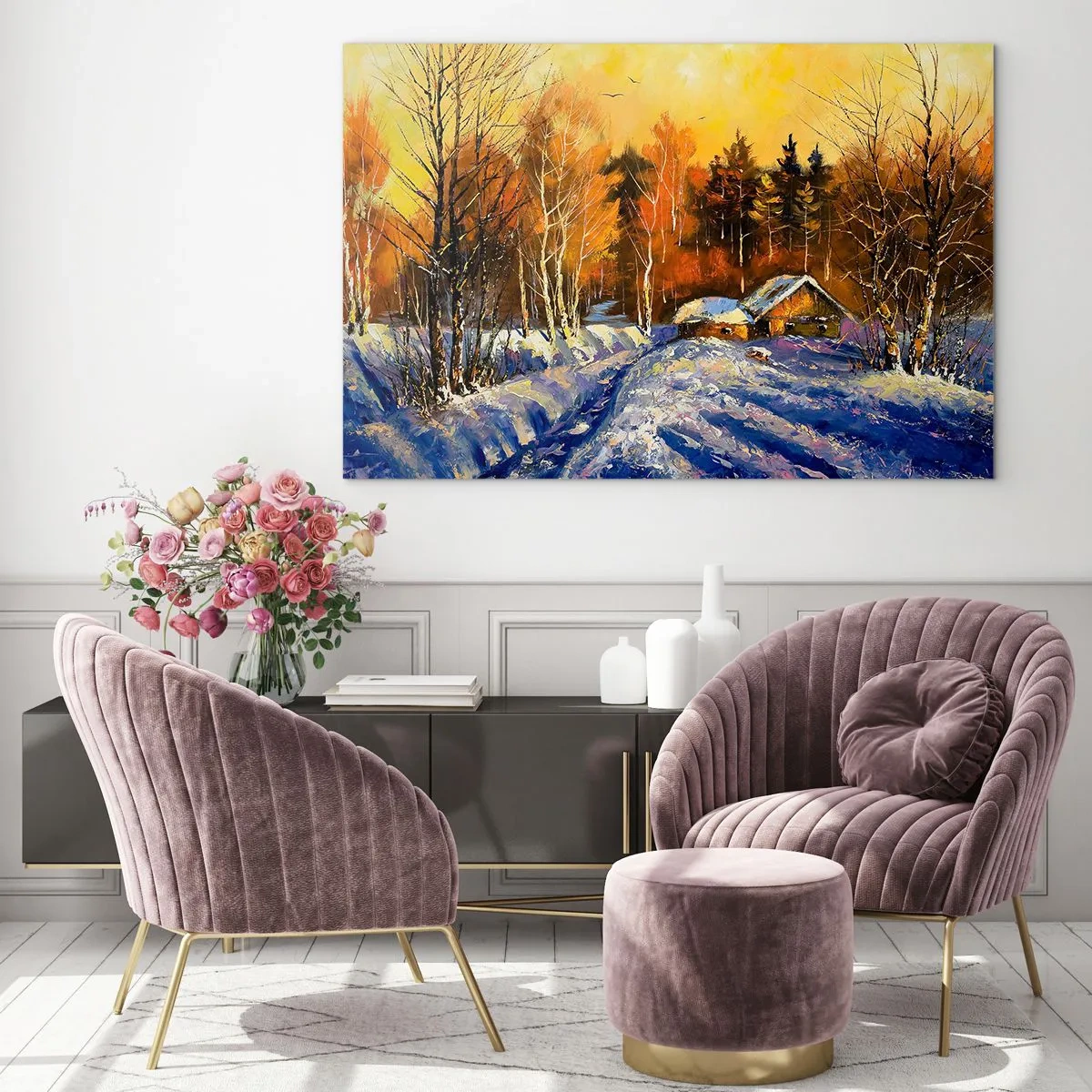 Glasbild - Bild auf glas - Winterlandschaft mit einem Holzhaus bei Sonnenuntergang - 100x70cm - Wintereindruck in der Sonne - Moderne Wanddekoration für Wohnzimmer und Schlafzimmer ARTTOR