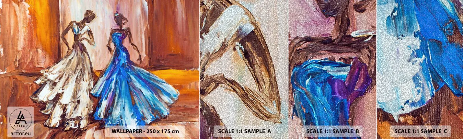 Fototapeten Muster Premium Sand - Ein dankbares Duo - Frau, Hochzeitskleid, Mode - 100x30 cm