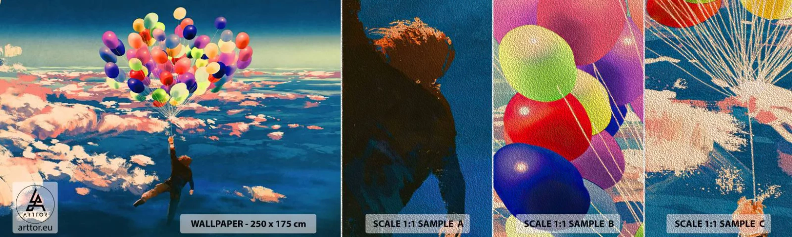 Fototapeten Muster Premium Sand - Ein Kindheitstraum wird wahr - Für Kinder, Bunte Luftballons, Abstraktion - 100x30 cm