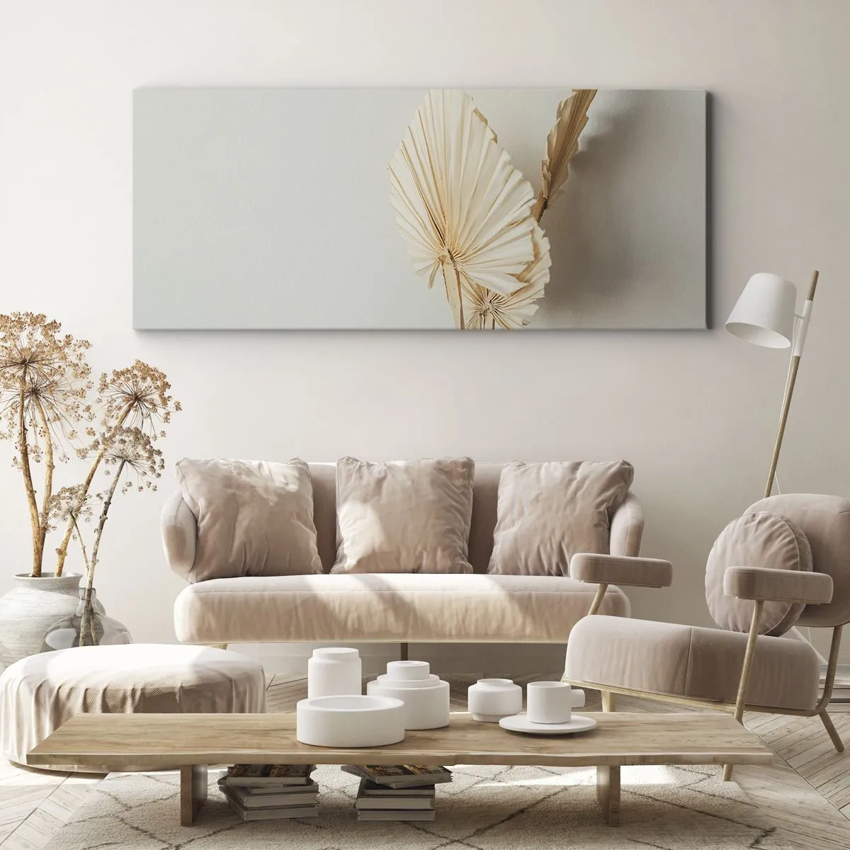 Bild auf Leinwand - Leinwandbild - Getrocknete Palmblätter in minimalistischem Arrangement - 160x50cm - Wenn Sie Erleichterung brauchen - Moderne Wanddekoration für Wohnzimmer und Schlafzimmer ARTTOR