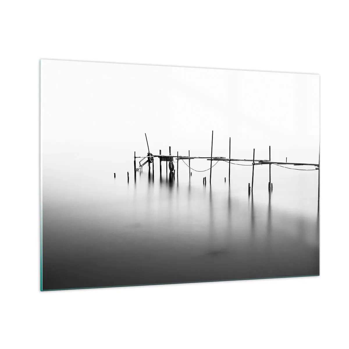 Glasbild - Bild auf glas - Ein schwarz-weißer Steg auf einer ruhigen Wasseroberfläche - 100x70cm - Was ist, wenn es keine Welt gibt? - Moderne Wanddekoration für Wohnzimmer und Schlafzimmer ARTTOR