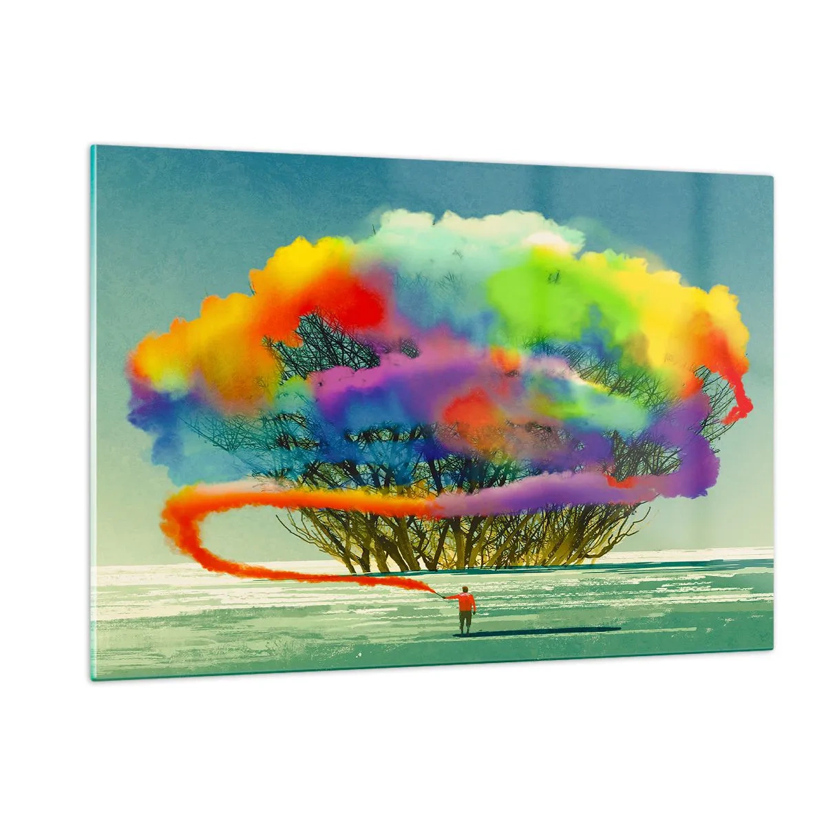 Glasbild - Bild auf glas - Eine bunte Rauchexplosion vor dem Hintergrund eines einsamen Baumes. - 120x80cm - Erwecke diese Welt zum Leben - Moderne Wanddekoration für Wohnzimmer und Schlafzimmer ARTTOR
