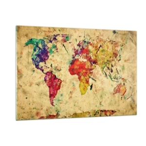 Glasbild - Bild auf glas - Bunte Weltkarte auf strukturiertem Vintage-Hintergrund - 120x80cm - Leben wie buntes Kartenpapier - Moderne Wanddekoration für Wohnzimmer und Schlafzimmer ARTTOR