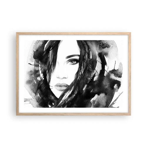 Poster in einem Rahmen aus heller Eiche - Porträt einer Dame in Schwarzweiß - 70x50 cm
