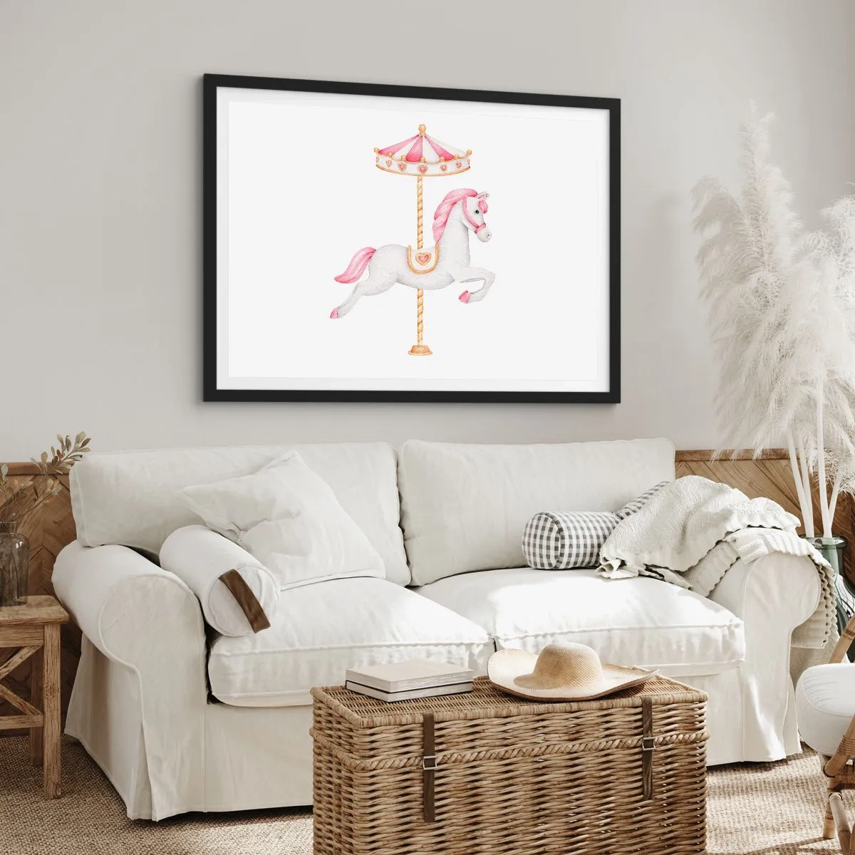 Poster in einem schwarzem Rahmen - Ein Karussellpferd in Pastelltönen von Rosa - 70x50cm - Er legte los - Moderne Wanddekoration für Wohnzimmer und Schlafzimmer ARTTOR