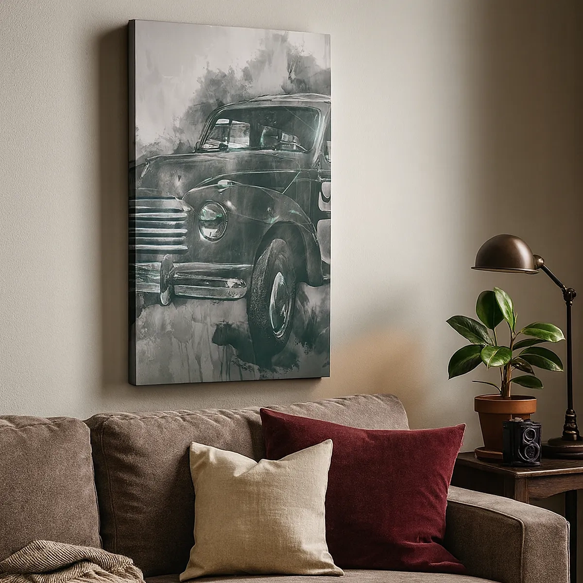 Bild auf Leinwand - Leinwandbild - Ein klassisches Retro-Auto vor künstlerischer Kulisse - 50x70cm - Geehrter Vorfahr - Moderne Wanddekoration für Wohnzimmer und Schlafzimmer ARTTOR