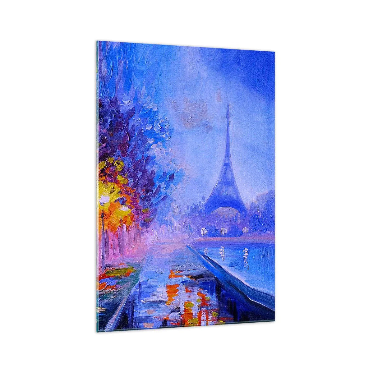 Glasbild - Bild auf glas - Eine Allee mit Lampen in Paris mit dem Eiffelturm im Hintergrund - 70x100cm - Ein Traumspaziergang - Moderne Wanddekoration für Wohnzimmer und Schlafzimmer ARTTOR