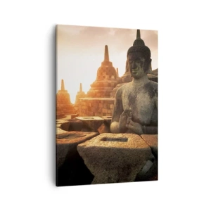 Bild auf Leinwand - Leinwandbild - Buddha-Statue im Borobudur-Tempel bei Sonnenuntergang - 50x70cm - Wetter der großen Weisheit - Moderne Wanddekoration für Wohnzimmer und Schlafzimmer ARTTOR