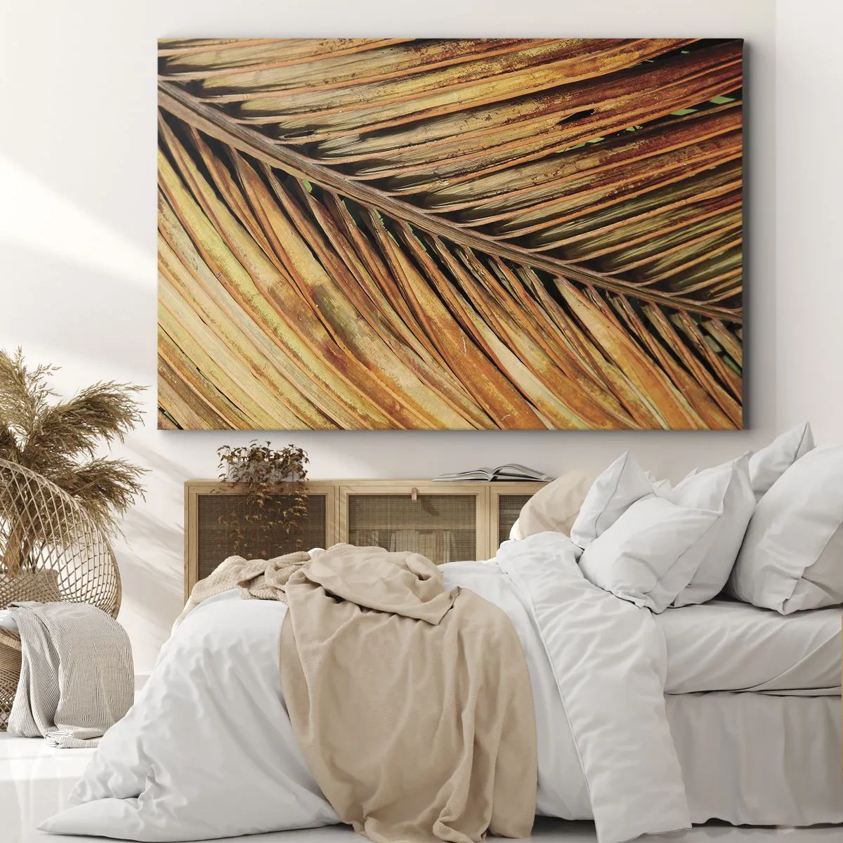 Bild auf Leinwand - Leinwandbild - Nahaufnahme eines trockenen Palmblattes in warmen Tönen - 100x70cm - Kokosnuss-Gold - Moderne Wanddekoration für Wohnzimmer und Schlafzimmer ARTTOR