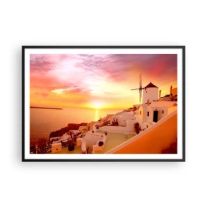 Poster in einem schwarzem Rahmen - Santorini bei Sonnenuntergang mit einer Windmühle - 100x70cm - In Weiß und Gold schmelzen - Moderne Wanddekoration für Wohnzimmer und Schlafzimmer ARTTOR