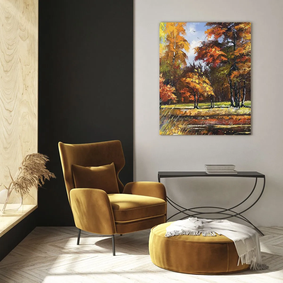 Glasbild - Bild auf glas - Herbstlandschaft mit Bäumen und Spiegelung im Wasser - 50x70cm - Landschaft in Gold und Bronze - Moderne Wanddekoration für Wohnzimmer und Schlafzimmer ARTTOR