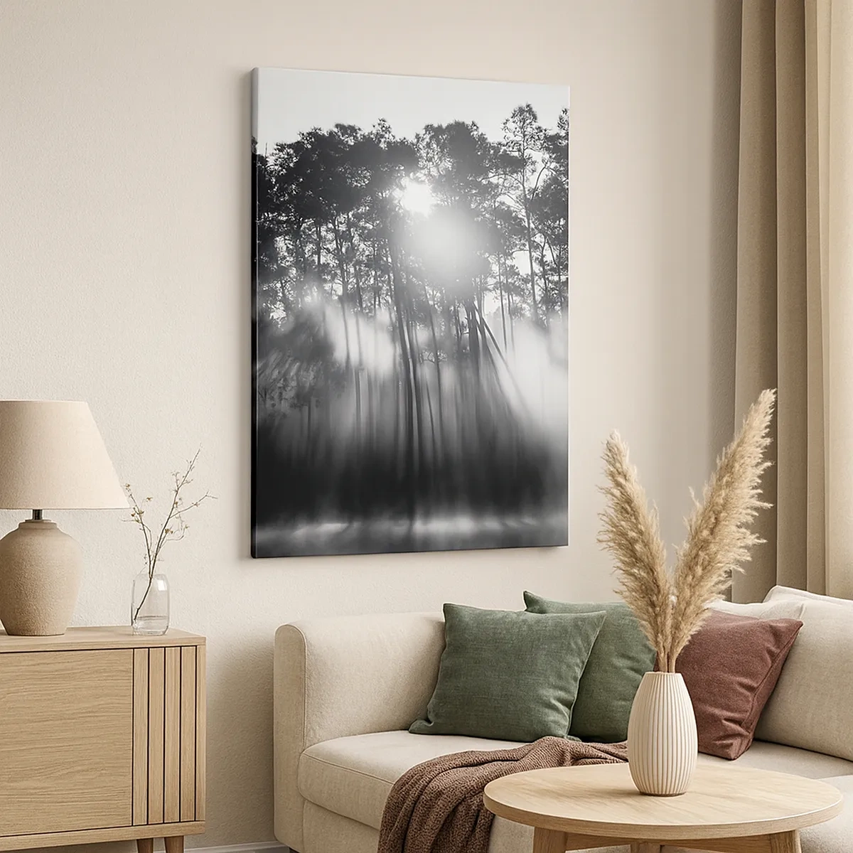 Bild auf Leinwand - Leinwandbild - Schwarz-weißer Wald im Morgennebel - 50x70cm - Unaufhaltsame Sonne - Moderne Wanddekoration für Wohnzimmer und Schlafzimmer ARTTOR