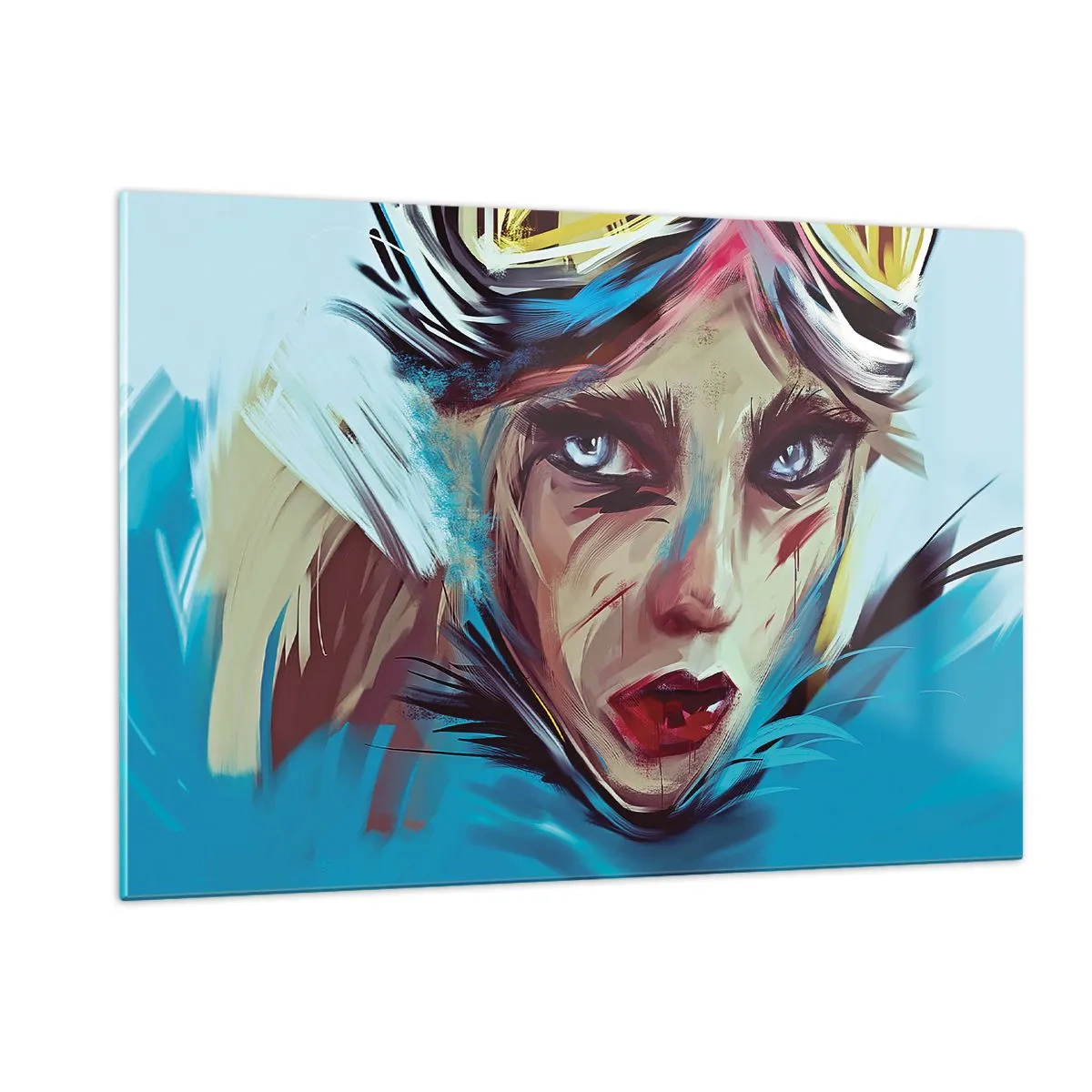 Glasbild - Bild auf glas - Porträt einer Frau mit Schutzbrille und blauen Pinselstrichen - 120x80cm - Strassenkämpferin - Moderne Wanddekoration für Wohnzimmer und Schlafzimmer ARTTOR