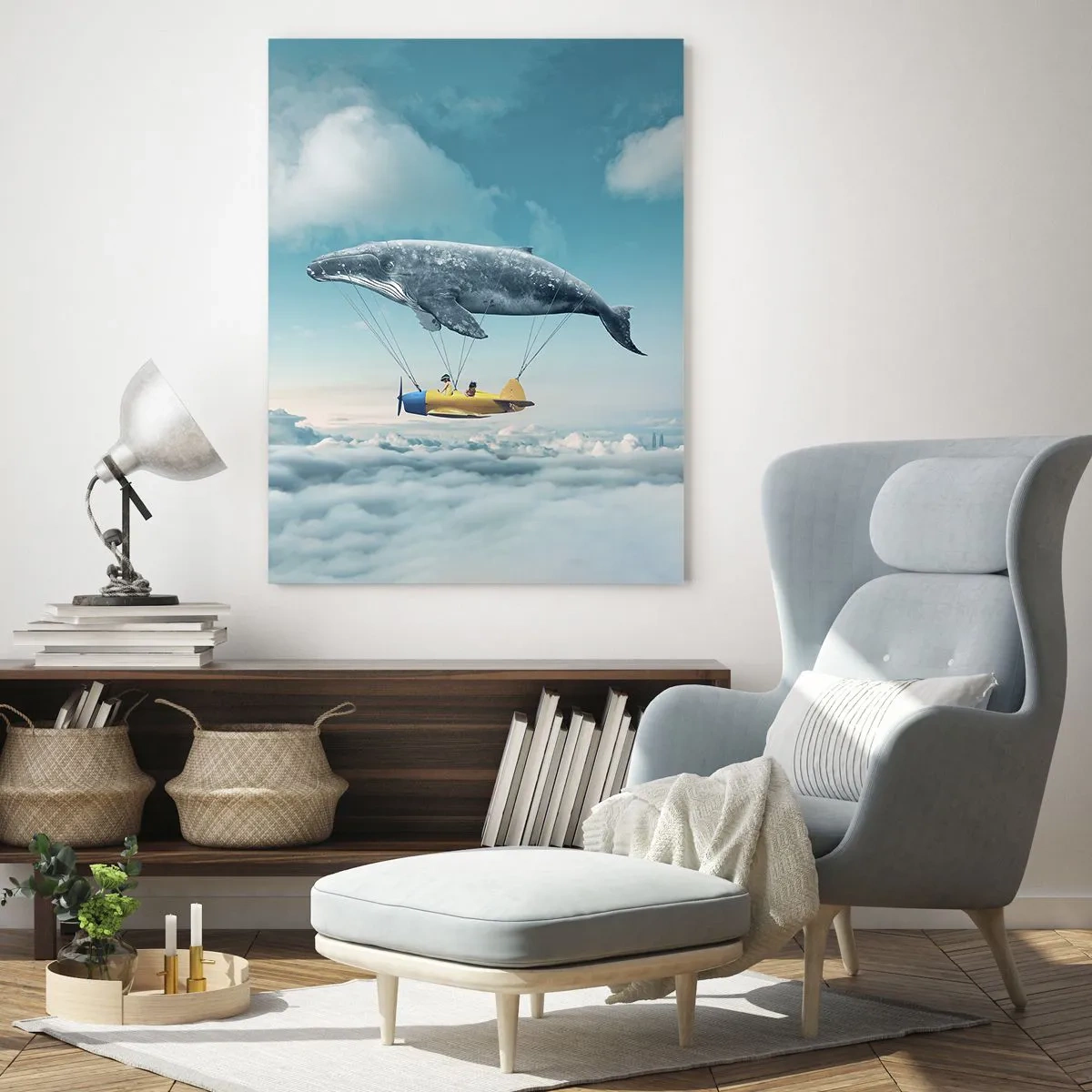 Glasbild - Bild auf glas - Ein fliegender Wal trägt ein Flugzeug in einer surrealen Umgebung. - 70x100cm - Warum nicht? - Moderne Wanddekoration für Wohnzimmer und Schlafzimmer ARTTOR