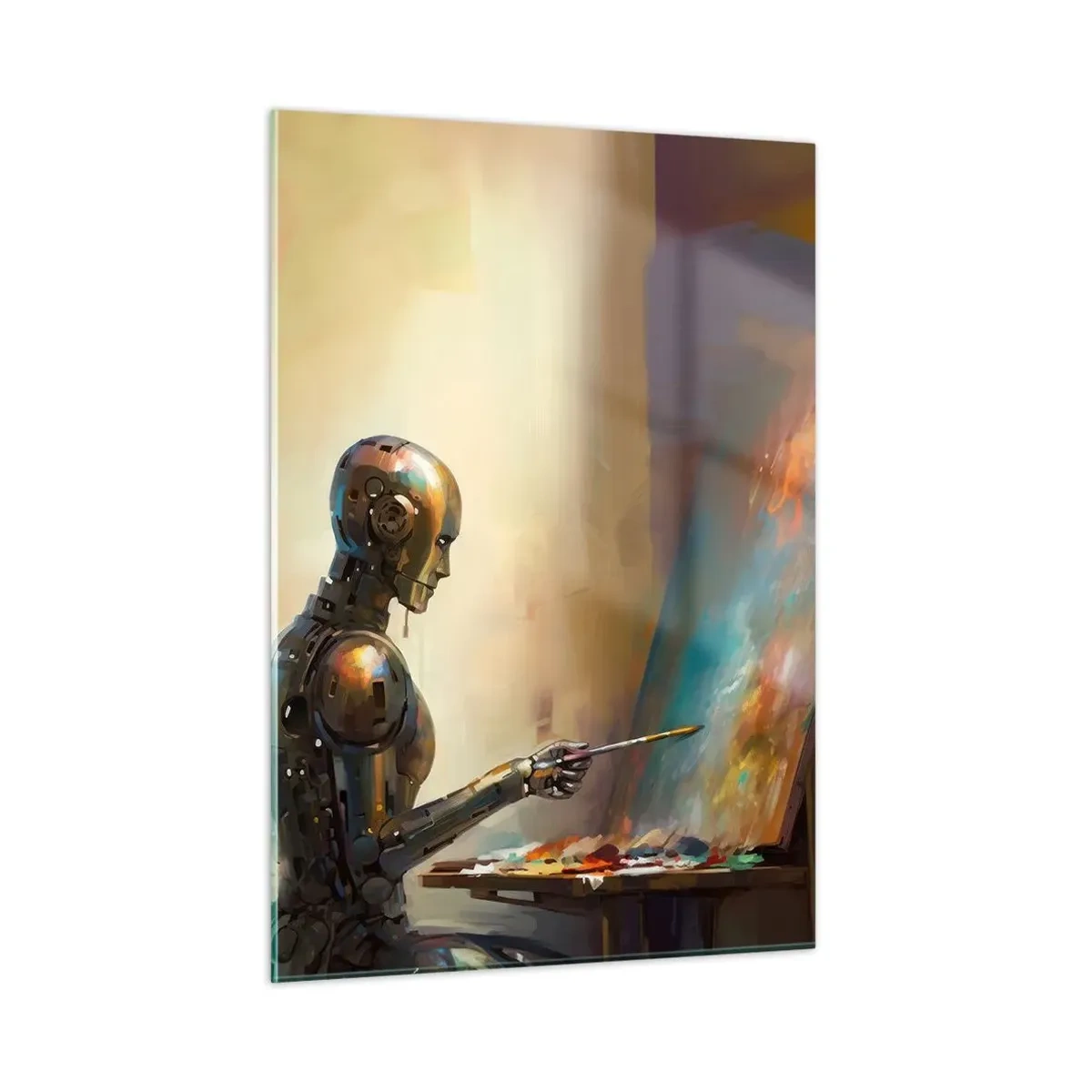 Glasbild - Bild auf glas - Ein Roboter malt ein Bild an einer Staffelei - 50x70cm - Die Kunst der Zukunft - Moderne Wanddekoration für Wohnzimmer und Schlafzimmer ARTTOR
