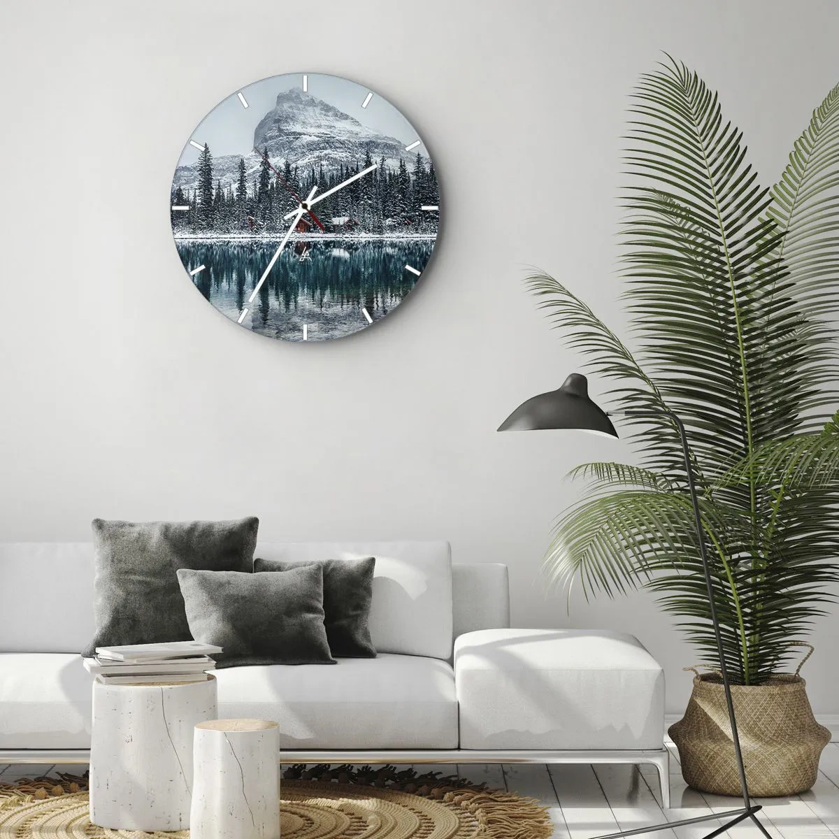 Wanduhr - Glasuhr - Winterlandschaft mit See, Wald und Berg im Hintergrund - 30x30cm - Kanadischer Rückzug - Moderne Wanddekoration für Wohnzimmer, Küche und Schlafzimmer ARTTOR