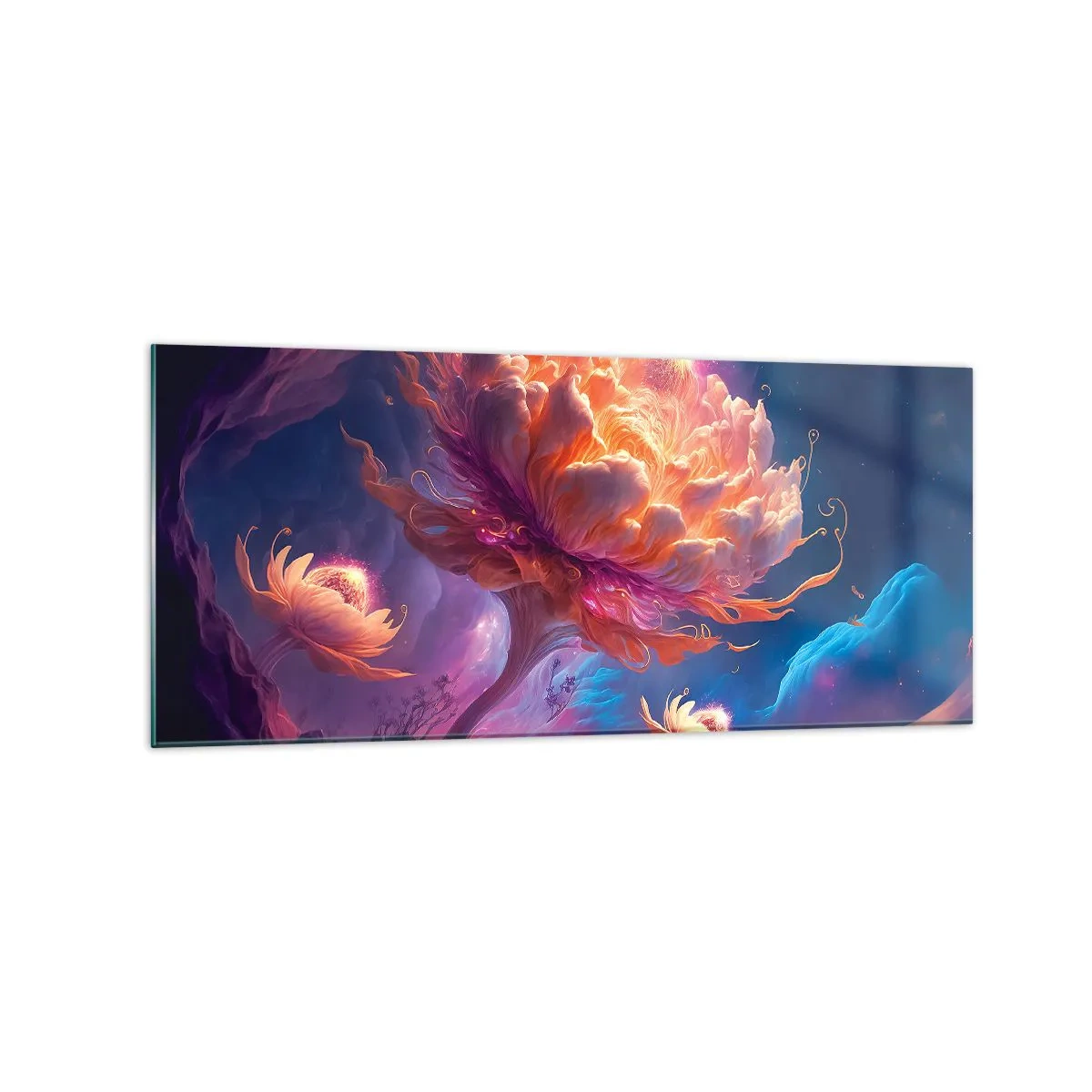 Glasbild - Bild auf glas - Fantasieblumen in einer kosmischen Landschaft - 120x50cm - Andere Welt - Moderne Wanddekoration für Wohnzimmer und Schlafzimmer ARTTOR