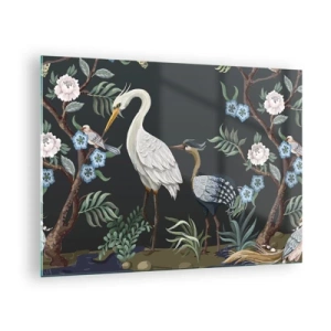 Glasbild - Bild auf glas - Bunte Vögel zwischen blühenden Zweigen vor dunklem Hintergrund - 70x50cm - Vogelparade - Moderne Wanddekoration für Wohnzimmer und Schlafzimmer ARTTOR