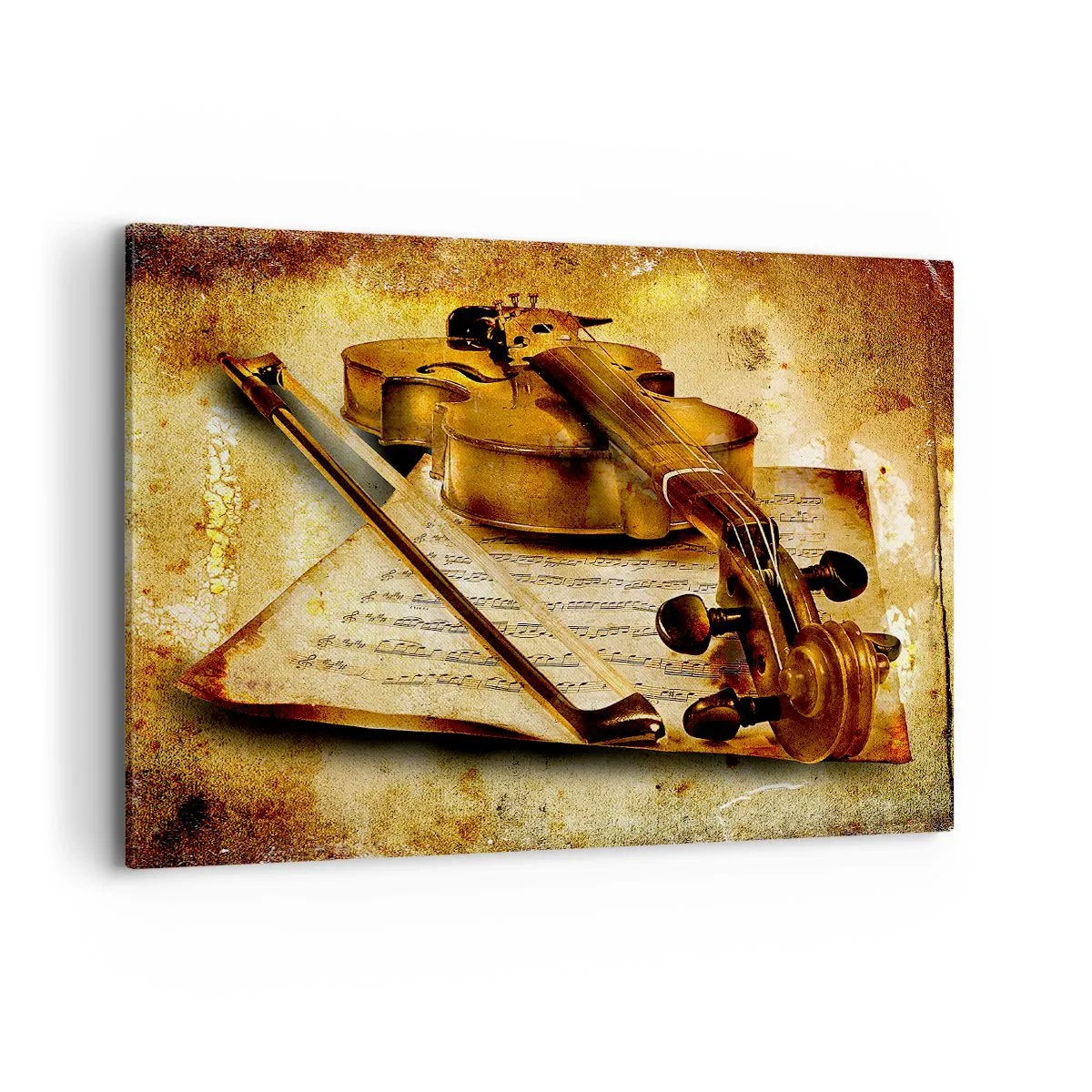 Bild auf Leinwand - Leinwandbild - Eine Geige mit Notenblättern vor einem Vintage-Hintergrund in warmen Tönen - 100x70cm - Ein Virtuose dringend benötigt - Moderne Wanddekoration für Wohnzimmer und Schlafzimmer ARTTOR