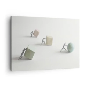 Bild auf Leinwand - Leinwandbild - Miniaturfiguren, die Formen vor einem hellen Hintergrund schieben - 70x50cm - Pures Leben - Moderne Wanddekoration für Wohnzimmer und Schlafzimmer ARTTOR